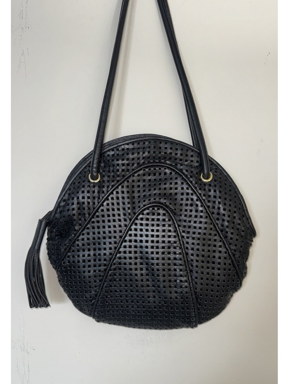 Vintage Women’s Brio Round Black Perforated Leather Handbag Double Handle W Gold